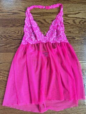 Vintage VS 2013 Hot Pink Lace Metallic Halter Babydoll Slip S